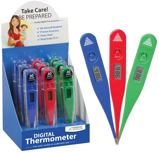 Main image of 60-Second Digital Thermometer, 9-Count Display | Assorted Colors, Fever Alert at 100.0°F, Oral, Rectal & Underarm Use, Memory Recall, Storage Case