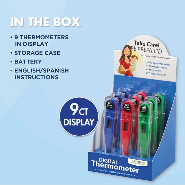 Alt view image 7 of 7 - 60-Second Digital Thermometer, 9-Count Display | Assorted Colors, Fever Alert at 100.0°F, Oral, Rectal & Underarm Use, Memory Recall, Storage Case