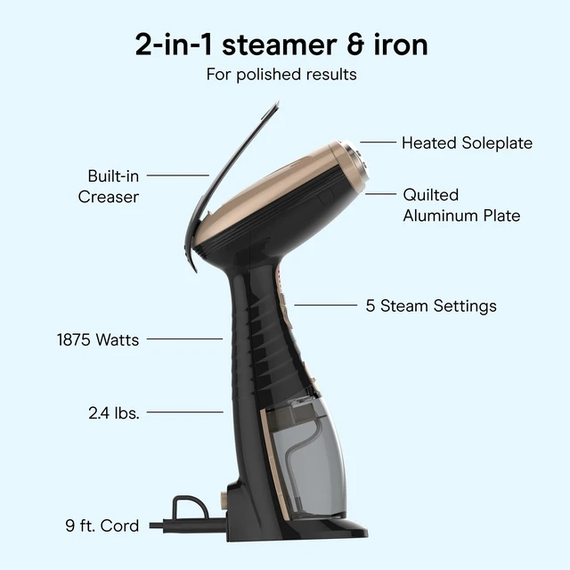 Alt view image 4 of 7 - Handheld Steamer for Clothes & Upholstery, 3 Attachments, Black | Powerful 1875W clothes steamer with 7.3 oz. water tank and 5 steam settings heats up in 40 seconds and runs for 20 minutes