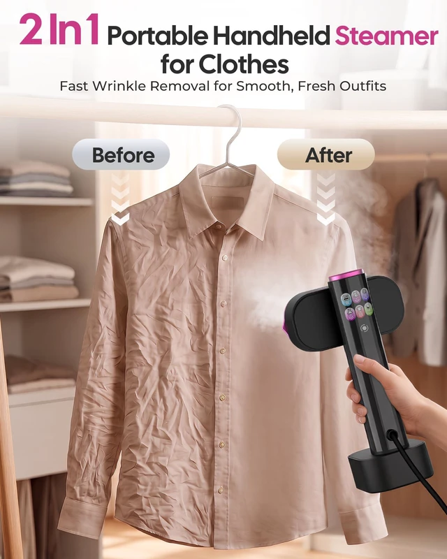 Alt view image 2 of 7 - Travel Steamer for Clothes, 2-in-1 Handheld Garment Steamer & Iron, Magenta | 15s Fast Heat-Up, No-Leak Portable Steamer with Ceramic Heat Panel, Fast Wrinkle Removal for Home & Travel, 110-120V