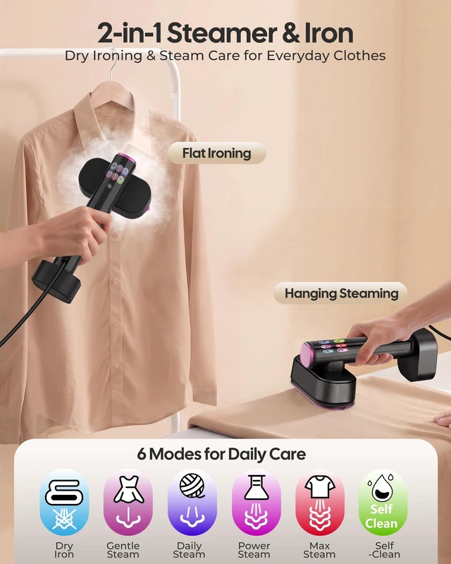 Alt view image 4 of 7 - Travel Steamer for Clothes, 2-in-1 Handheld Garment Steamer & Iron, Magenta | 15s Fast Heat-Up, No-Leak Portable Steamer with Ceramic Heat Panel, Fast Wrinkle Removal for Home & Travel, 110-120V