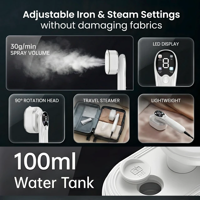 Alt view image 7 of 7 - Travel Steamer for Clothes with Ironing Gloves, All-Fabric Wrinkle Removal 4 Adjustable Modes, 10s fast Heat Up, Large Ceramic Heat Panel, 100ml water tank, 2in1 Steamer Iron1200W (110-120V) (WHITE)