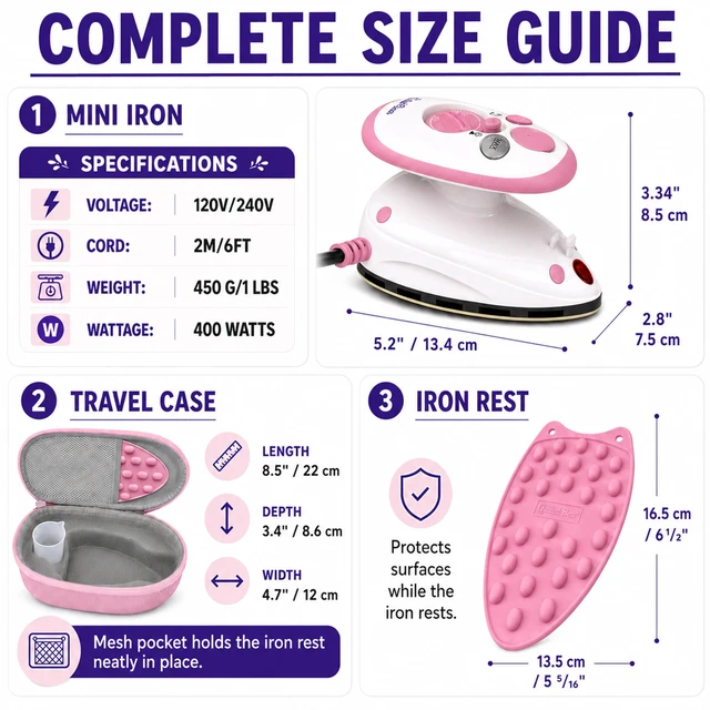 Alt view image 2 of 7 - Premium Mini Steam Iron for Quilting and Travel, Pink | Small Travel Iron with Hard Carry Case, Heat-safe Rest, Dual Voltage, Steam Function, Adjustable Temperature, Fast Heat Up
