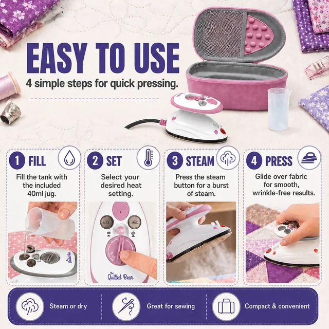 Alt view image 6 of 7 - Premium Mini Steam Iron for Quilting and Travel, Pink | Small Travel Iron with Hard Carry Case, Heat-safe Rest, Dual Voltage, Steam Function, Adjustable Temperature, Fast Heat Up