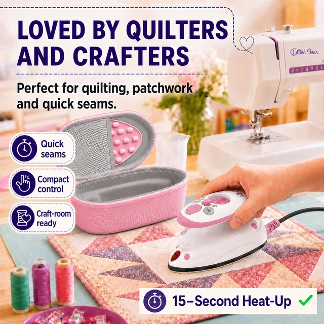 Alt view image 5 of 7 - Premium Mini Steam Iron for Quilting and Travel, Pink | Small Travel Iron with Hard Carry Case, Heat-safe Rest, Dual Voltage, Steam Function, Adjustable Temperature, Fast Heat Up