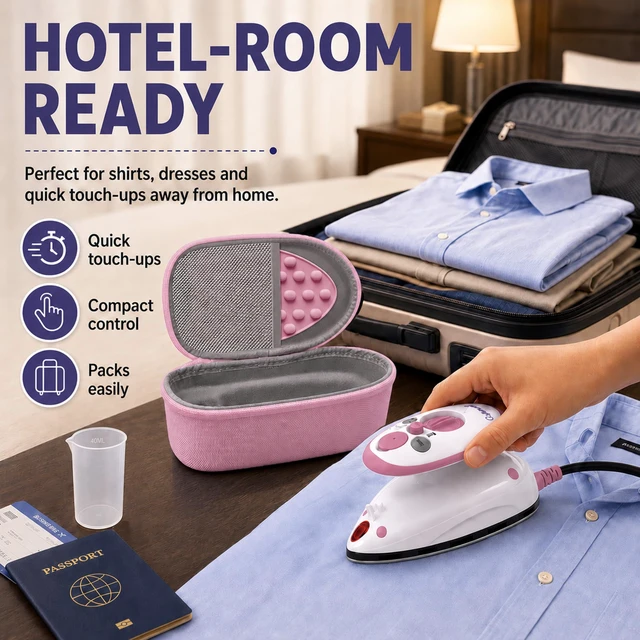 Alt view image 7 of 7 - Premium Mini Steam Iron for Quilting and Travel, Pink | Small Travel Iron with Hard Carry Case, Heat-safe Rest, Dual Voltage, Steam Function, Adjustable Temperature, Fast Heat Up