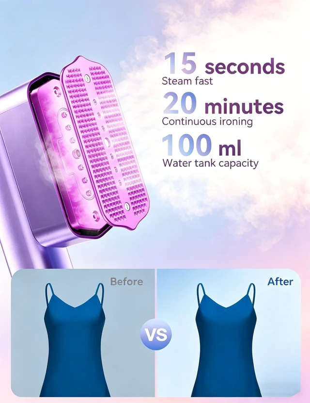 Alt view image 2 of 7 - Steamer for Clothes Portable 2-in-1 Travel Steamer Iron for Clothes | 15s Fast Heat-up,100ml Water Tank,Ironing Gloves,25 Min Powerful Steam,1000W&4 Modes Light Steam Iron for Travel&Home Purple
