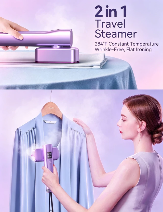 Alt view image 3 of 7 - Steamer for Clothes Portable 2-in-1 Travel Steamer Iron for Clothes | 15s Fast Heat-up,100ml Water Tank,Ironing Gloves,25 Min Powerful Steam,1000W&4 Modes Light Steam Iron for Travel&Home Purple
