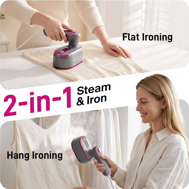 Alt view image 3 of 7 - Steamer for Clothes, 2-in-1 Handheld Clothes Steamer with Dry & Steam Ironing, 180° Rotatable Handle, 20s Fast Heat-Up, 970W Portable Travel Steamer for Clothes, Compact for Home & Travel