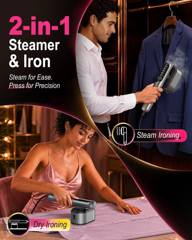 Alt view image 4 of 7 - Travel Steamer for Clothes, Upgraded 2-in-1 Handheld Garment Steamer & Iron | 1200W Portable Steam Iron, 20s Heat-Up for Wrinkle Removal with 6 Fabric Settings, 140ml Tank, 110V-120V