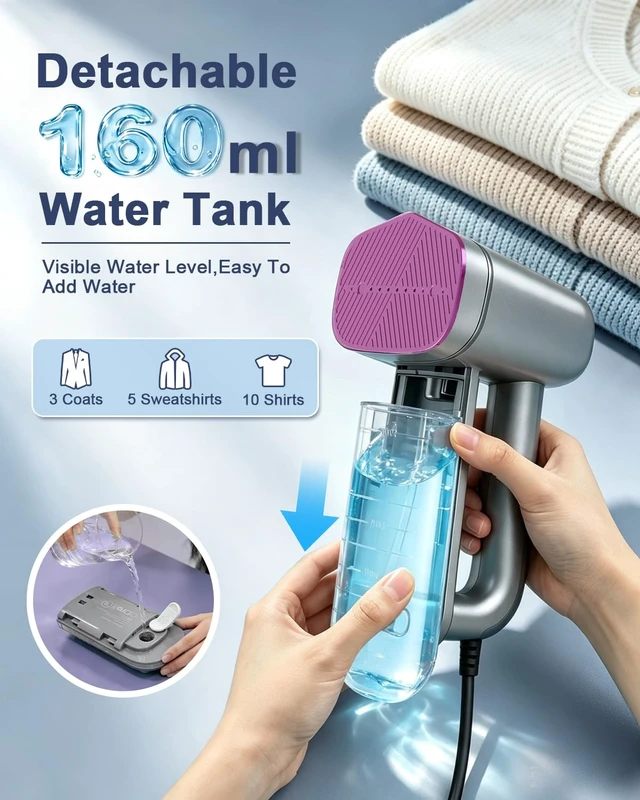 Alt view image 5 of 7 - Handheld Steamer for Clothes,Travel Garment Steamer for Fabric | 160ml Large Water Tank,1200W Clothes Steamer,6 Steam Mode,Stong Steam,Quick Wrinkle Removal,120V for Home,Office
