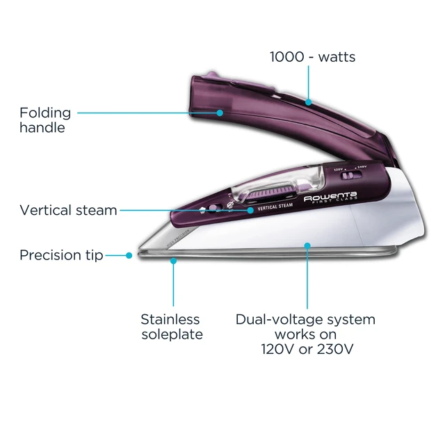 Alt view image 2 of 6 - Travel Iron, Pro Compact Stainless Steel Soleplate Hand Held Steamer Iron for Clothes, 200 Microsteam Holes, 1000 Watts Ironing, Fabric Steamer, Dual Voltage, Mini Iron, Purple, DA1560