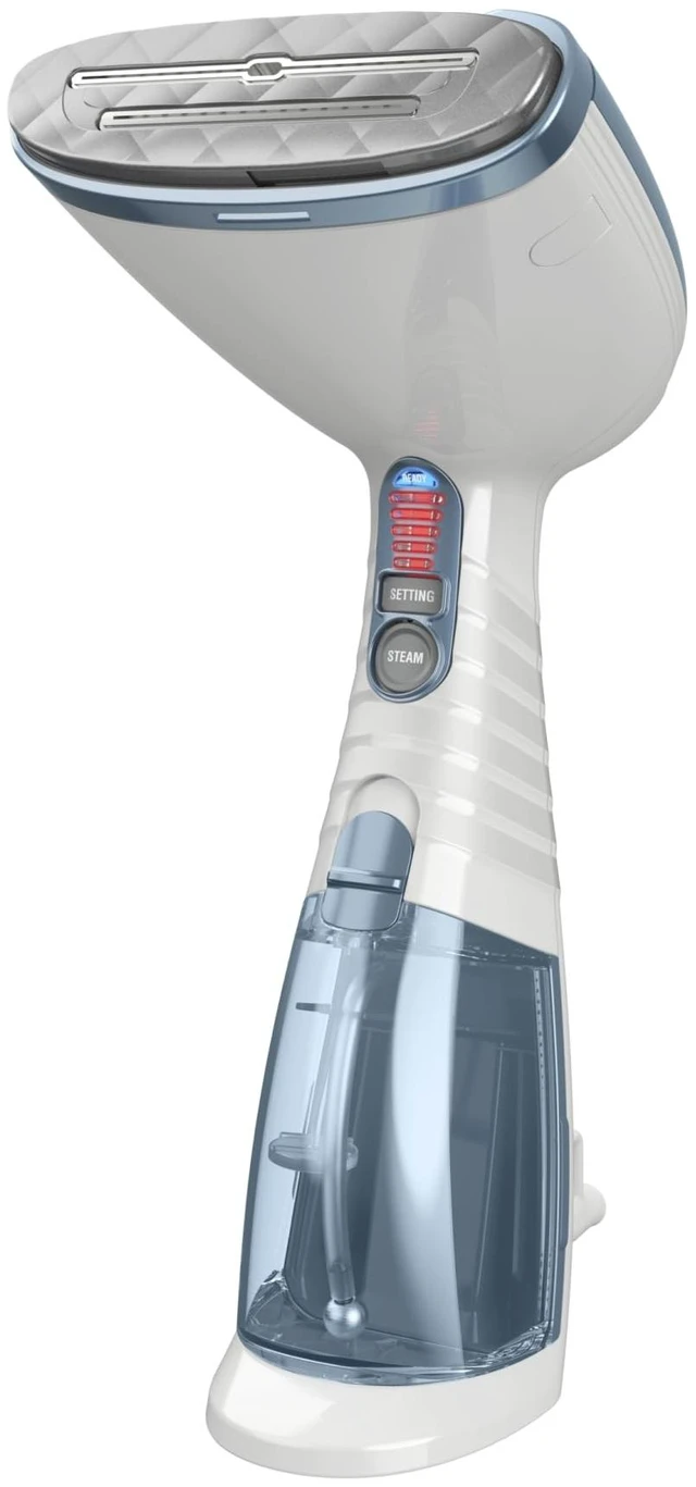 Main image of Handheld Steamer for Clothes & Upholstery, 3 Attachments, White/Blue | Powerful 1875W clothes steamer with 7.3 oz. water tank and 5 steam settings heats up in 40 seconds and runs for 20 minutes