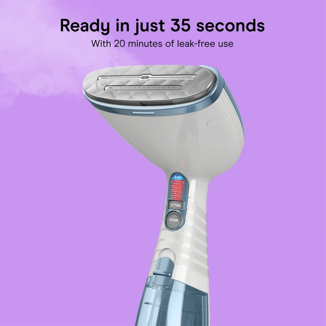 Alt view image 3 of 7 - Handheld Steamer for Clothes & Upholstery, 3 Attachments, White/Blue | Powerful 1875W clothes steamer with 7.3 oz. water tank and 5 steam settings heats up in 40 seconds and runs for 20 minutes