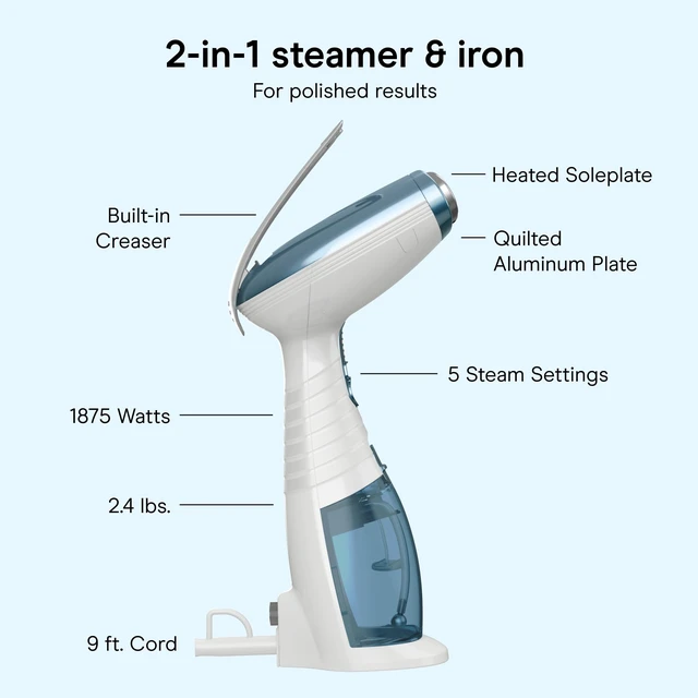 Alt view image 4 of 7 - Handheld Steamer for Clothes & Upholstery, 3 Attachments, White/Blue | Powerful 1875W clothes steamer with 7.3 oz. water tank and 5 steam settings heats up in 40 seconds and runs for 20 minutes