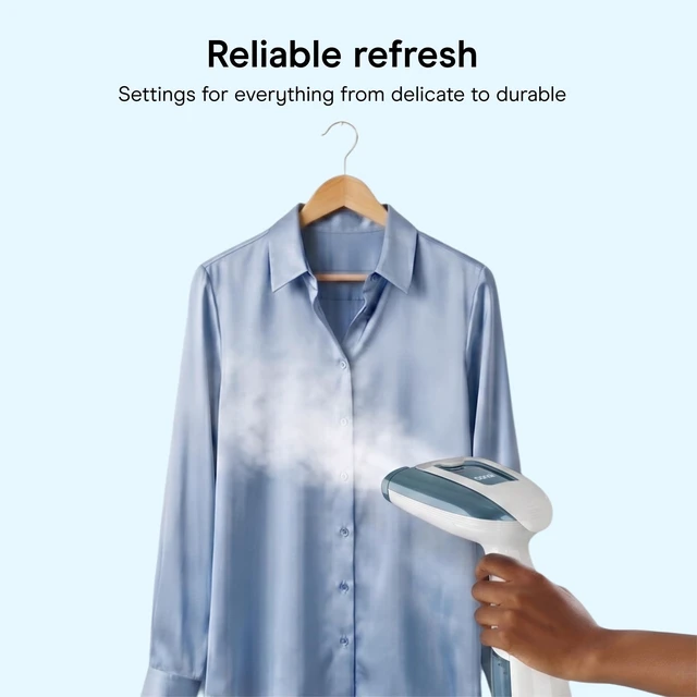 Alt view image 5 of 7 - Handheld Steamer for Clothes & Upholstery, 3 Attachments, White/Blue | Powerful 1875W clothes steamer with 7.3 oz. water tank and 5 steam settings heats up in 40 seconds and runs for 20 minutes