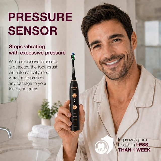 Alt view image 3 of 6 - WHITEN+ Electric Toothbrush, 48,000 VPM, Pressure Sensor, 5 Modes, 8 Brush Heads, Travel Case