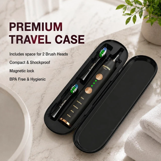 Alt view image 4 of 6 - WHITEN+ Electric Toothbrush, 48,000 VPM, Pressure Sensor, 5 Modes, 8 Brush Heads, Travel Case