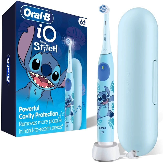 Main image of iO Kids Limited Rechargeable Electric Powered Toothbrush, Stitch - Automatic Pressure Sensor - 3 Cleaning Settings - Music Timer - 28 Day Battery Life - Travel Case