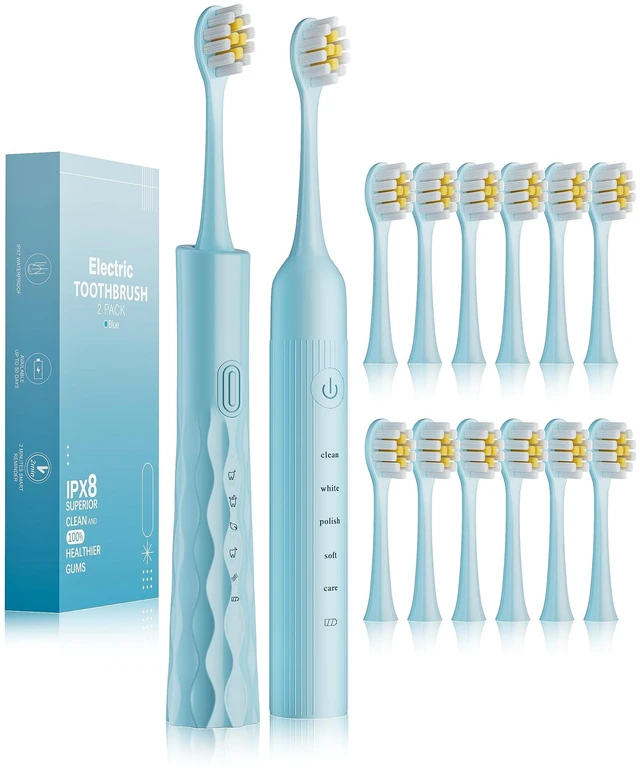 Main image of 2 Pack Electric Toothbrush for Adults, USB Rechargeable Sonic Toothbrush with 12 Brush Heads, Smart Timer, 6 Modes, 2-Hour Fast Charge Last 30 Days