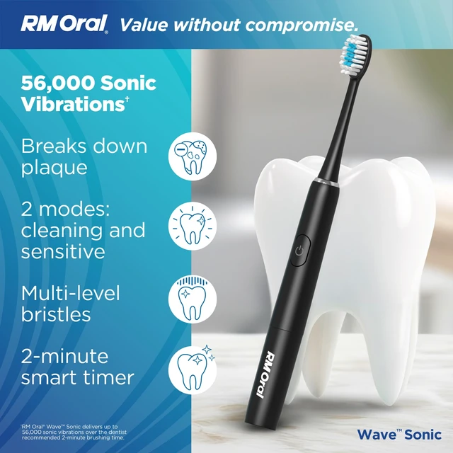 Alt view image 2 of 7 - Wave Sonic Toothbrush, Battery Toothbrush with Soft Bristles, Black | Adult Toothbrush with 56,000 Sonic Vibrations to brush teeth, soft bristle toothbrush, travel toothbrush for cleaner teeth