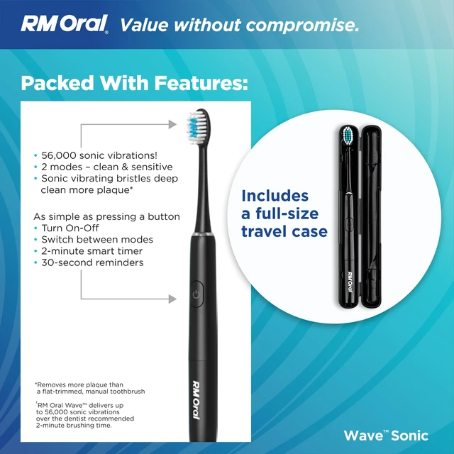 Alt view image 6 of 7 - Wave Sonic Toothbrush, Battery Toothbrush with Soft Bristles, Black | Adult Toothbrush with 56,000 Sonic Vibrations to brush teeth, soft bristle toothbrush, travel toothbrush for cleaner teeth