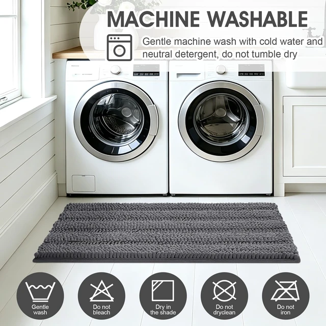 Alt view image 2 of 6 - ACCUMTEK Striped Grey Bathroom Rug Mat 32"x20" Ultra Soft, Non Slip Chenille Bath Rugs, Absorbent Plush Shaggy Bath Mats for Bathroom, Bedroom, Kitchen, Shower, Tub,Deep Grey