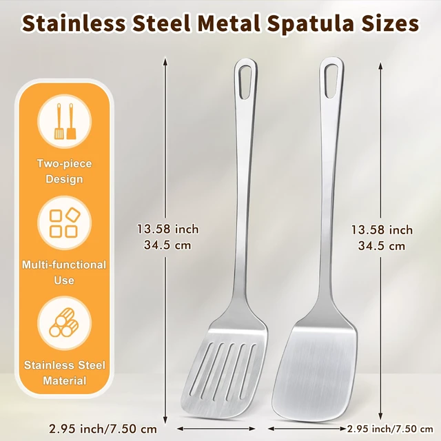 Alt view image 3 of 7 - 2 Pcs Stainless Steel Spatulas Set, Metal Spatula Solid & Slotted Turner, Heavy Duty Sturdy Spatula for Kitchen Use, High Heat Resistant Cooking Utensils for Fish Eggs Pancakes, Easy to Clean, Silver