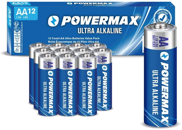 Main image of Powermax AA Alkaline Batteries 12-Pack, Double A, Long Lasting Power, 1.5V, Leak Resistant, 10-Year Shelf Life, Reclosable Packaging for Home and Office