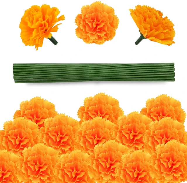 Main image of 30 Pcs Artificial Marigold Flowers,2" Silk Marigold Flower Heads with Stems,Orange Flowers Artificial for Diwali Decor,Indian Wedding,Home,DIY Wreath Garland,Day of The Dead Decorations