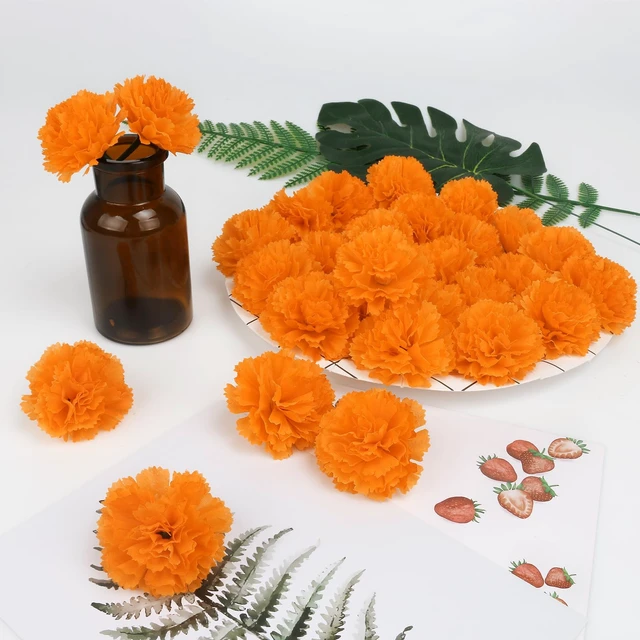 Alt view image 4 of 6 - 30 Pcs Artificial Marigold Flowers,2" Silk Marigold Flower Heads with Stems,Orange Flowers Artificial for Diwali Decor,Indian Wedding,Home,DIY Wreath Garland,Day of The Dead Decorations