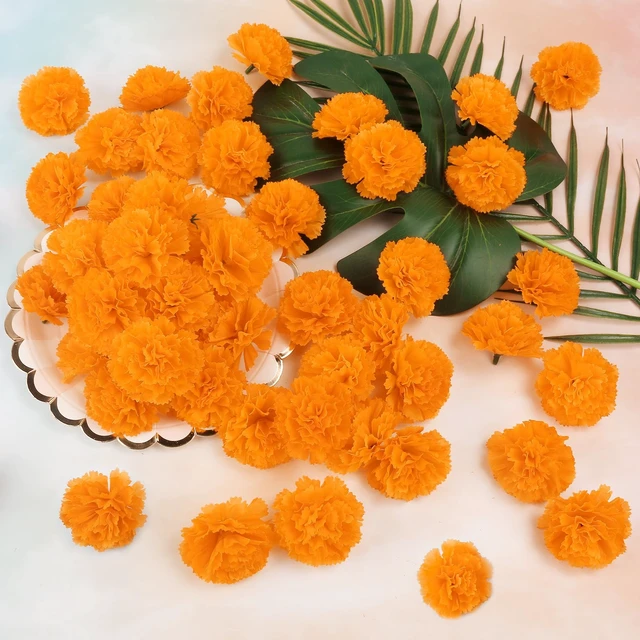 Alt view image 5 of 6 - 30 Pcs Artificial Marigold Flowers,2" Silk Marigold Flower Heads with Stems,Orange Flowers Artificial for Diwali Decor,Indian Wedding,Home,DIY Wreath Garland,Day of The Dead Decorations