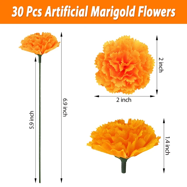 Alt view image 2 of 6 - 30 Pcs Artificial Marigold Flowers,2" Silk Marigold Flower Heads with Stems,Orange Flowers Artificial for Diwali Decor,Indian Wedding,Home,DIY Wreath Garland,Day of The Dead Decorations