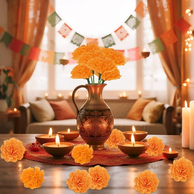 Alt view image 6 of 6 - 30 Pcs Artificial Marigold Flowers,2" Silk Marigold Flower Heads with Stems,Orange Flowers Artificial for Diwali Decor,Indian Wedding,Home,DIY Wreath Garland,Day of The Dead Decorations