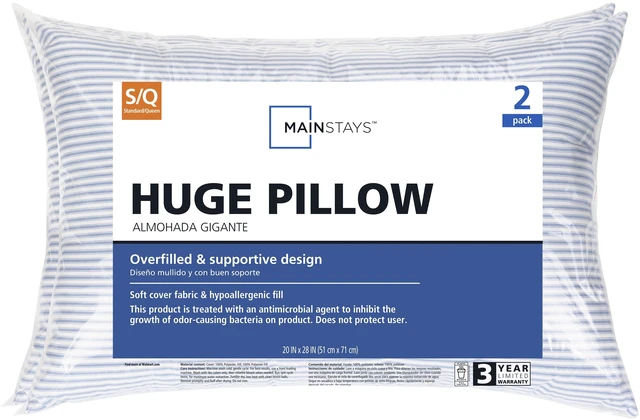 Main image of Mainstays Huge Overfilled Bed Pillow, Standard/Queen, 2-Pack