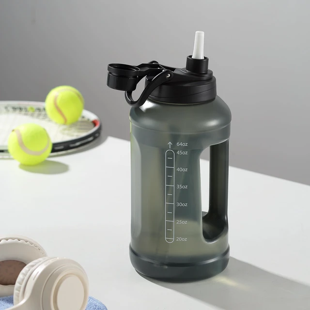 Alt view image 4 of 6 - Mainstays Water Bottle, 64 fl oz, Translucent Black, 2-in-1 Straw/Chug Lid, Plastic