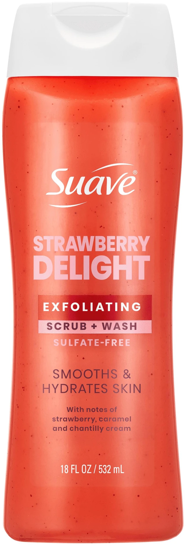 Main image of Suave Strawberry Delight Exfoliating Body Wash & Scrub with Glycerin & Vitamin E, Sulfate-Free Hydrating Cleanser for Soft, Smooth Skin, 18 fl oz