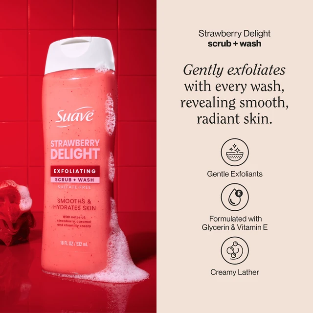 Alt view image 3 of 5 - Suave Strawberry Delight Exfoliating Body Wash & Scrub with Glycerin & Vitamin E, Sulfate-Free Hydrating Cleanser for Soft, Smooth Skin, 18 fl oz