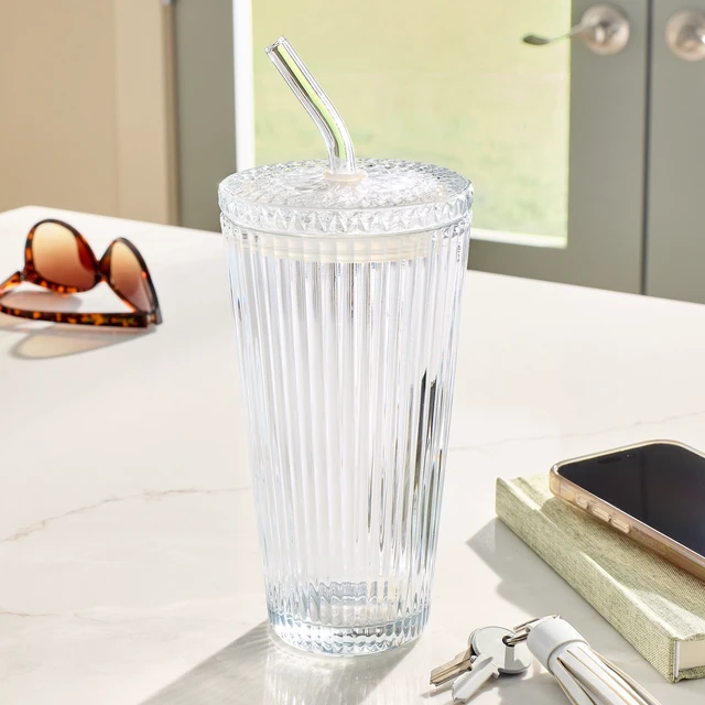 Alt view image 5 of 6 - Better Homes & Gardens 21 oz Ribbed Glass Tumbler with Glass Lid and Straw