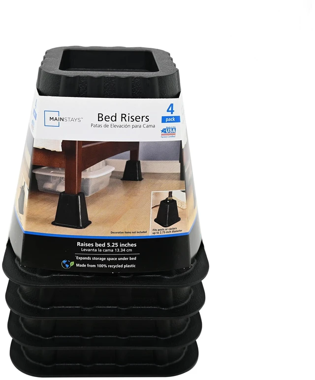 Main image of Mainstays Black Plastic Bed Risers to Raise Your Bed for Storage, 4 Pack, 6.50 in x 6.50 in x 6 in