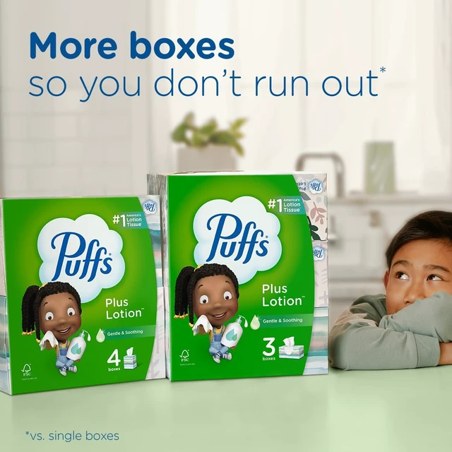 Alt view image 7 of 7 - Puffs Plus Lotion Facial Tissues, 4 Family Boxes, 124 Tissues per Box (2-Pack)