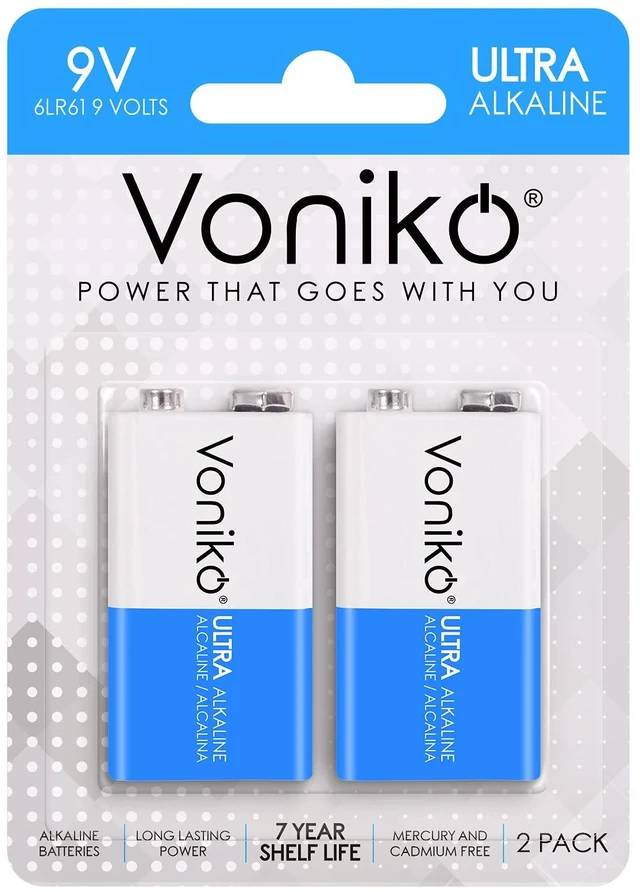 Main image of Voniko 9V Alkaline Battery 2 Pack for Smoke Alarms