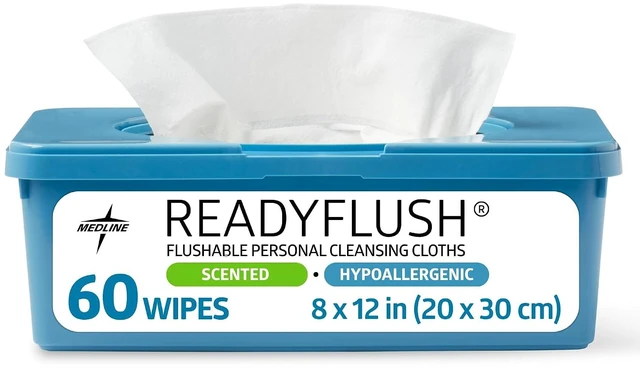 Main image of Medline ReadyFlush Flushable Wipes, 60 Count per Tub, Scented, Biodegradable Incontinence Wet Wipes for Adults with Aloe, Hypoallergenic & pH-Balanced, 8" x 12"