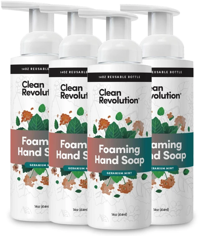 Main image of Clean Revolution Foaming Hand Soap Refill with Real Essential Oils, Moisturizing Sulfate-Free Hand Soap, Geranium Mint, 14 oz, Pack of 4
