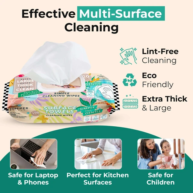 Alt view image 2 of 6 - Juniper CLEAN Single Surface Cleaning Wipes, Bleach Free, Thick & Large Dispose, All-Purpose Cleaner for Bathroom, Kitchen, Office, 100 Count, Soft Flow, Biodegradable, C