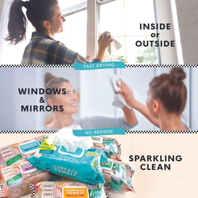 Alt view image 4 of 6 - Juniper CLEAN Single Surface Cleaning Wipes, Bleach Free, Thick & Large Dispose, All-Purpose Cleaner for Bathroom, Kitchen, Office, 100 Count, Soft Flow, Biodegradable, C
