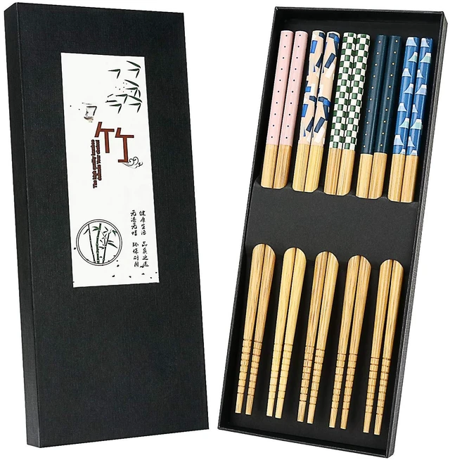 Main image of 5 Pairs Natural Bamboo Chopsticks with Unique Pattern Dishwasher Safe, Reusable Non-Slip Chopstick Gift Set for Asian Dishes Sushi Rice Noodles, Nicely Boxed Chinese Chop Sticks Functional