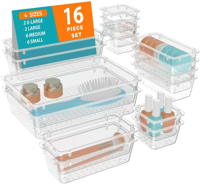 Main image of 8 PCS Clear Plastic Drawer Organizer Set, 4 Sizes Desk Drawer Organization and Storage Containers for Makeup, Cosmetics, Jewelry and Gadgets in Kitchen, Bathroom, Bedroom, Office, Clear