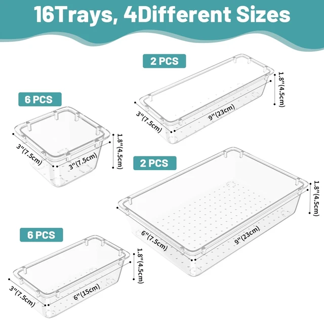 Alt view image 3 of 6 - 8 PCS Clear Plastic Drawer Organizer Set, 4 Sizes Desk Drawer Organization and Storage Containers for Makeup, Cosmetics, Jewelry and Gadgets in Kitchen, Bathroom, Bedroom, Office, Clear