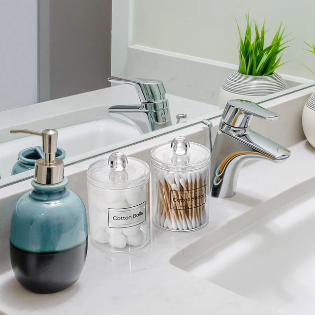 Alt view image 7 of 7 - 2 Pack Acrylic Qtip Holder Dispenser for Cotton Swabs, Balls, Floss Picks | Thick, Highly Clear, Labels - Small Canister Apothecary Jar Set, Bathroom Decor Essentials, Shelf Vanity Storage Organizer